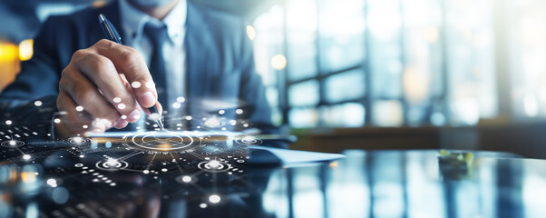 Man pointing at the touch screen and talking to the businessman, in the style of futuristic imagery, mechanical designs, and Data analytics concept.