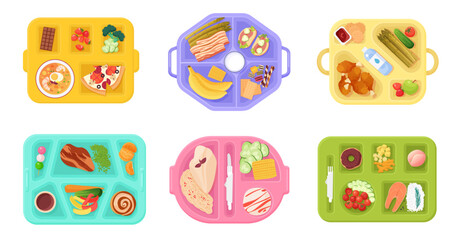 School lunch boxes with food, plastic trays with delicious meal set. Top view of open plates with breakfast or dinner dishes and desserts, healthy nutrition collection cartoon vector illustration