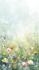 Fototapeta premium Watercolor Meadow at Dawn. A serene watercolor meadow with wildflowers at dawn.