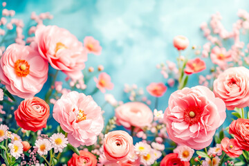 Spring flower background with branches of blossoming pink roses on gradient glowing blue background with sunny light. Springtime. Natural blossoming background. Copy space