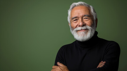 cheerful elderly man with a white beard is wearing a black turtleneck, crossing his arms, and smiling against a green background