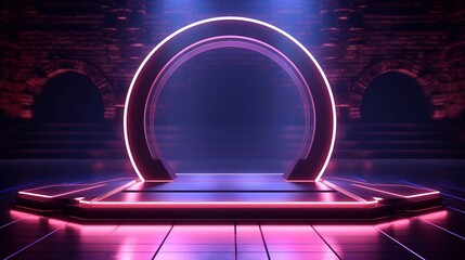 Sci-fi abstract arch frame and Empty podium glowing neon glassmorphism  lighting fnd reflection. Product display mockup for product presentation futuristic touch shine rendering 3d shape. - obrazy, fototapety, plakaty