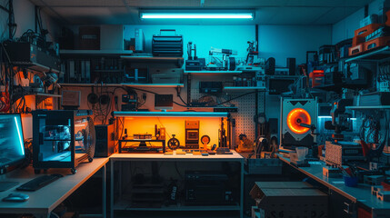 high-tech home workshop with 3D printers and various gadgets, showcasing an inventor's side hustle in creating innovative tech products, under the glow of LED lights
