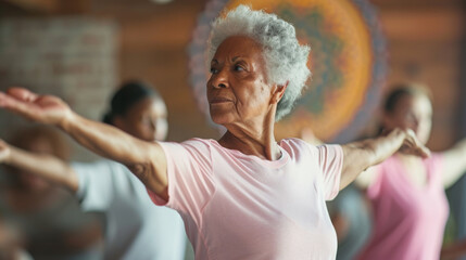 elderly woman with grey hair is practicing yoga with her eyes closed and arms extended, surrounded by others in a class setting - obrazy, fototapety, plakaty