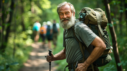 elderly man with a full beard and a backpack is smiling at the camera while hiking in the woods with others in the background