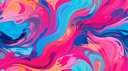 A dynamic abstract composition with swirls of pink and blue paint creating a fluid, marble-like effect.