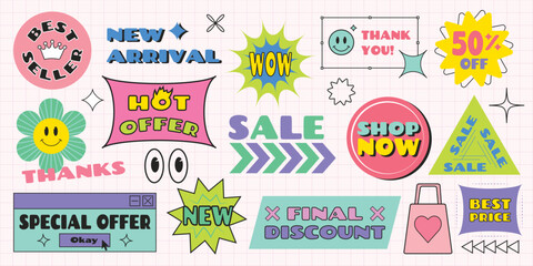 Set of Sale, Discount retro stickers in trendy Y2K style. E-commerce icons collection with geometric neo brutalism simple shapes