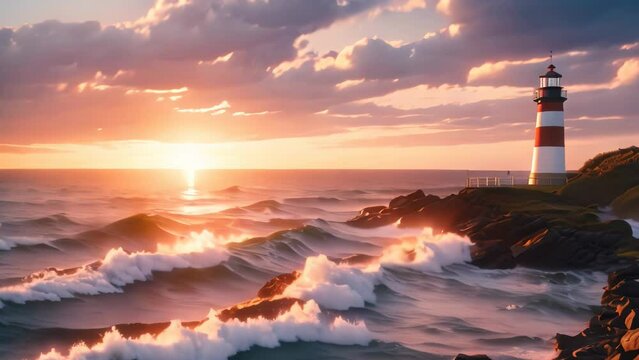 lighthouse sunset landscape. 4k video animation