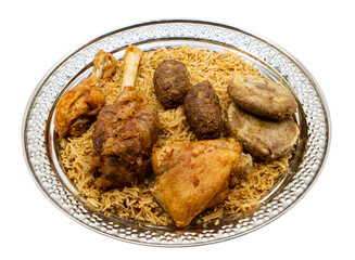 Delicious and Polao rice with chicken and Kebabs	on transparent background
