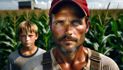 An American Corn farmer and his son.Corn is grown in most U.S. States, but production is...