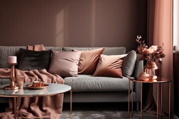 Modern sofa and table illustration for a comfortable and cozy home living room concept. Focus on stylish decor - pillows and plants decoration