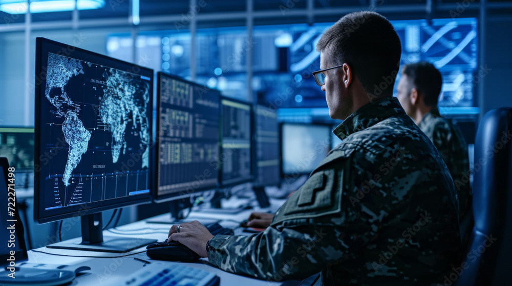 Poster military personnel is focused on monitoring multiple computer screens in a high-tech surveillance ro