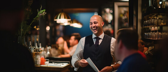 Bald Waiter Serving Customers in Restaurant.