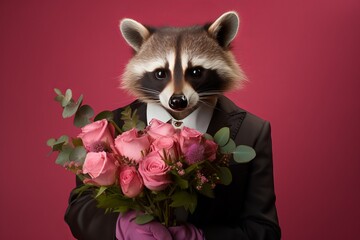 Serious raccoon  in a black jacket presenting beautiful bouquet against pink backdrop in professional studio