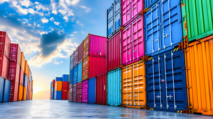 Fototapeta premium Industrial Harbor Scene with Stacked Cargo Containers: Busy Shipping and Freight Terminal with Cranes and Trucks