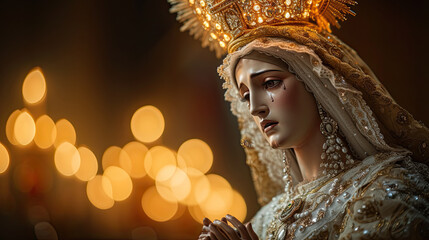 Figura de la Virgen Maria, con cara triste, saliendo en una procesión religiosa en España. - obrazy, fototapety, plakaty