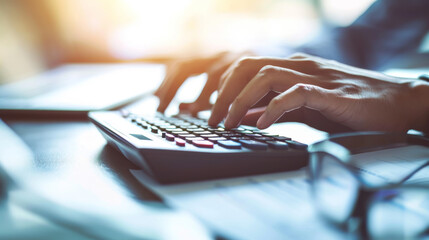 Hand holding a pen, pointing at a document with numerical data, with stacked coins and a calculator indicating financial planning or analysis.