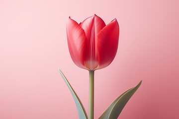 A solitary tulip in a gradient of reds, set against a soft pink background.