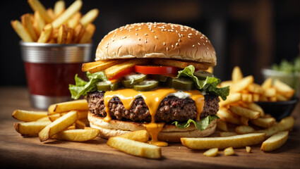 Unhealthy concept shown with delicious burger and fries on wooden table
