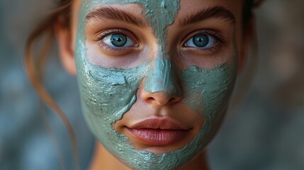 Portrait of a beautiful woman face, with a natural clay mask for beauty treatment.