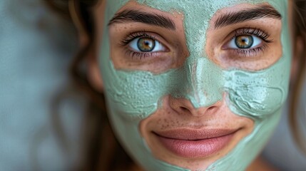 Portrait of a beautiful woman face, with a natural clay mask for beauty treatment.