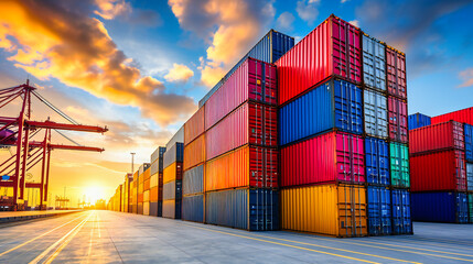 Fototapeta premium Industrial Freight Transportation with Shipping Containers: Cargo and Delivery at a Harbor with Cranes and Trucks