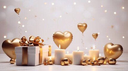 empty white background with a lot of free copy space and white day heart and gold gift, luxury, golden ribbon, bokeh, birthday gift, fancy present, candles and baloons