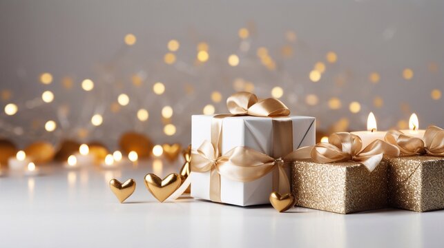 empty white background with a lot of free copy space and white day heart and gold gift, luxury, golden ribbon, bokeh, birthday gift, fancy present, candles and baloons