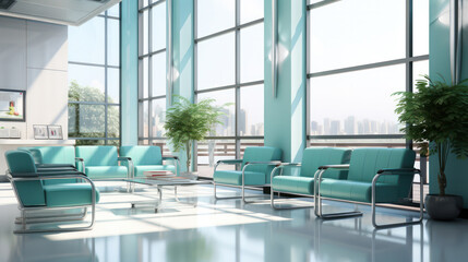 Fototapeta na wymiar Office waiting area with teal chairs and large windows overlooking a cityscape in natural light