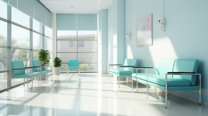 Office waiting area with teal chairs and large windows overlooking a cityscape in natural light