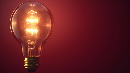 Light bulb on brown background with copy space. Glowing light bulb symbol of new idea, inspiration, innovation, solution, creativity concept. Design for banner, card, poster, ads.