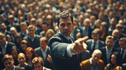 A man in a suit stands out from the crowd, pointing with his index finger.