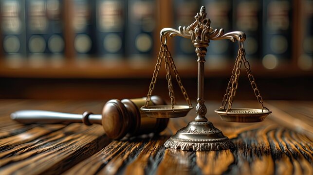 Scale and a wooden hammer on a table, concept of law, judgment and justice.