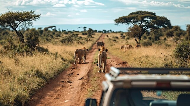 Off road travel in the savannah, with lions.