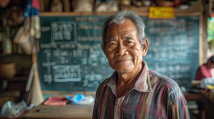 Portrait of a male Cambodian teacher in the classroom of a rural school.
