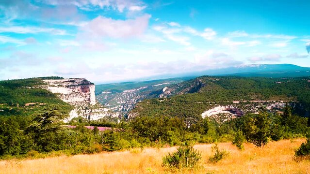 Timelapse of clouds moving over Gorges de la Nesqu and Mont Ventoux, Vaucluse in Provence, France. View from viewpoint Belvedere de Saint Hubert.
