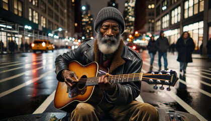 Fototapeta premium A Older African American man playing the guitar. Busking on the streets of New York City.