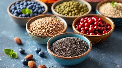 Bowls with seeds and legumes considered superfoods.