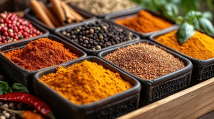 Gordijnen Rack with traditional indian spices for cooking - cardamom, turmeric, cumin, coriander seeds, cinnamon and chili © sergiokat