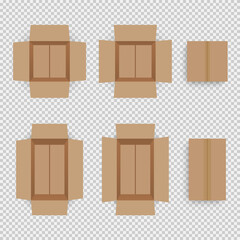 Set of cardboard box mockups different size. Isolated on white background. Vector carton packaging box images.