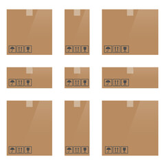 Set of cardboard box mockups different size. Isolated on white background. Vector carton packaging box images.