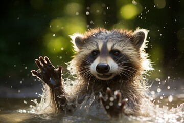 Playful raccoon in action. Splashing in water with front paws, natural and authentic wildlife scene
