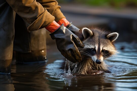 Caring man affectionately bathing a friendly raccoon in a beautiful, natural outdoor scene