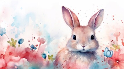 Easter landscape, rabbit, colorful eggs and flowers on meadow. Easter watercolor decor elements design for card