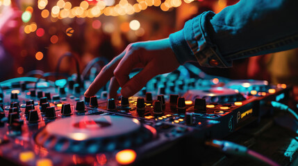 DJ's hand adjusting a mixer on a DJ console with colorful blurred lights in the background