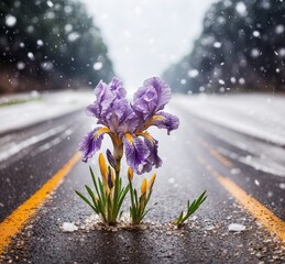 Beautiful purple iris flower growing on the road in rainy day