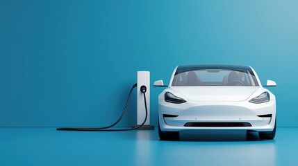 White electric car charging with copy space, Technology electric vehicle concept