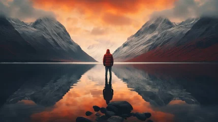 Fotobehang Man standing on the edge of a lake, in the style of calming symmetry, depictions of inclement weather, orange and maroon. © Sutee