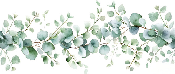 illustration of a natural watercolor background with green eucalyptus branches, in the style of floral, dark white and light aquamarine, decorative borders, wiesław wałkuski, white background - obrazy, fototapety, plakaty