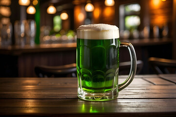 Glass of green beer with foam on a wooden table, St. Patrick's Day special beer, generative AI